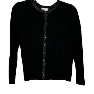 LOFT Black With Silver Shimmer Trim Button Up Sweater Small